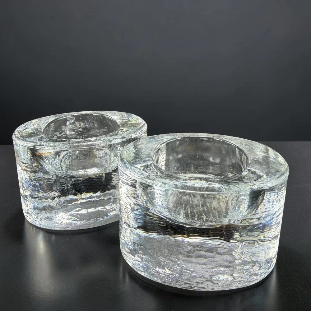 Sweden Textured Clear Ice Glass Votive Tealight Candle Holders Set of 2 Round